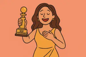 Cartoon of a smiling wife holding a “Center of Attention” trophy while her partner stands off to the side, looking overlooked.