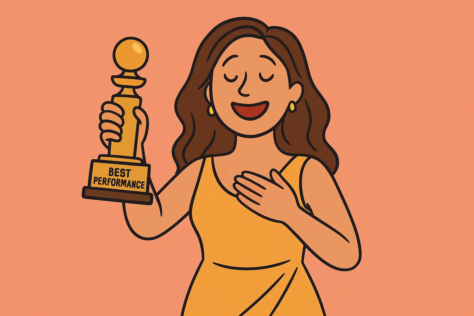 Cartoon of a smiling wife holding a “Center of Attention” trophy while her partner stands off to the side, looking overlooked.